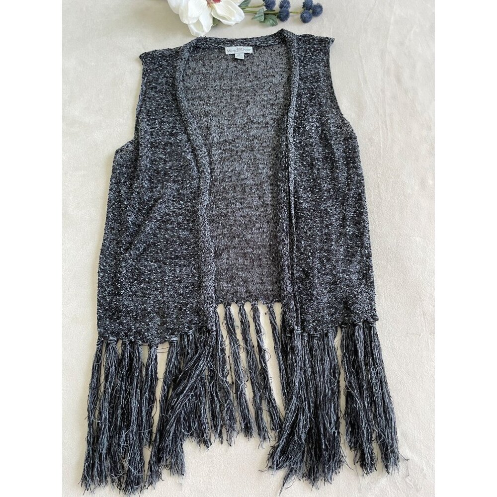 Vintage WindRiver Womens Boho Knit Fringe Vest In Charcoal Black L Whimsigoth